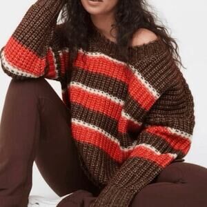 Offline By Aerie Oversized  Chunky Knit Brown Orange Striped Sweater-Size M